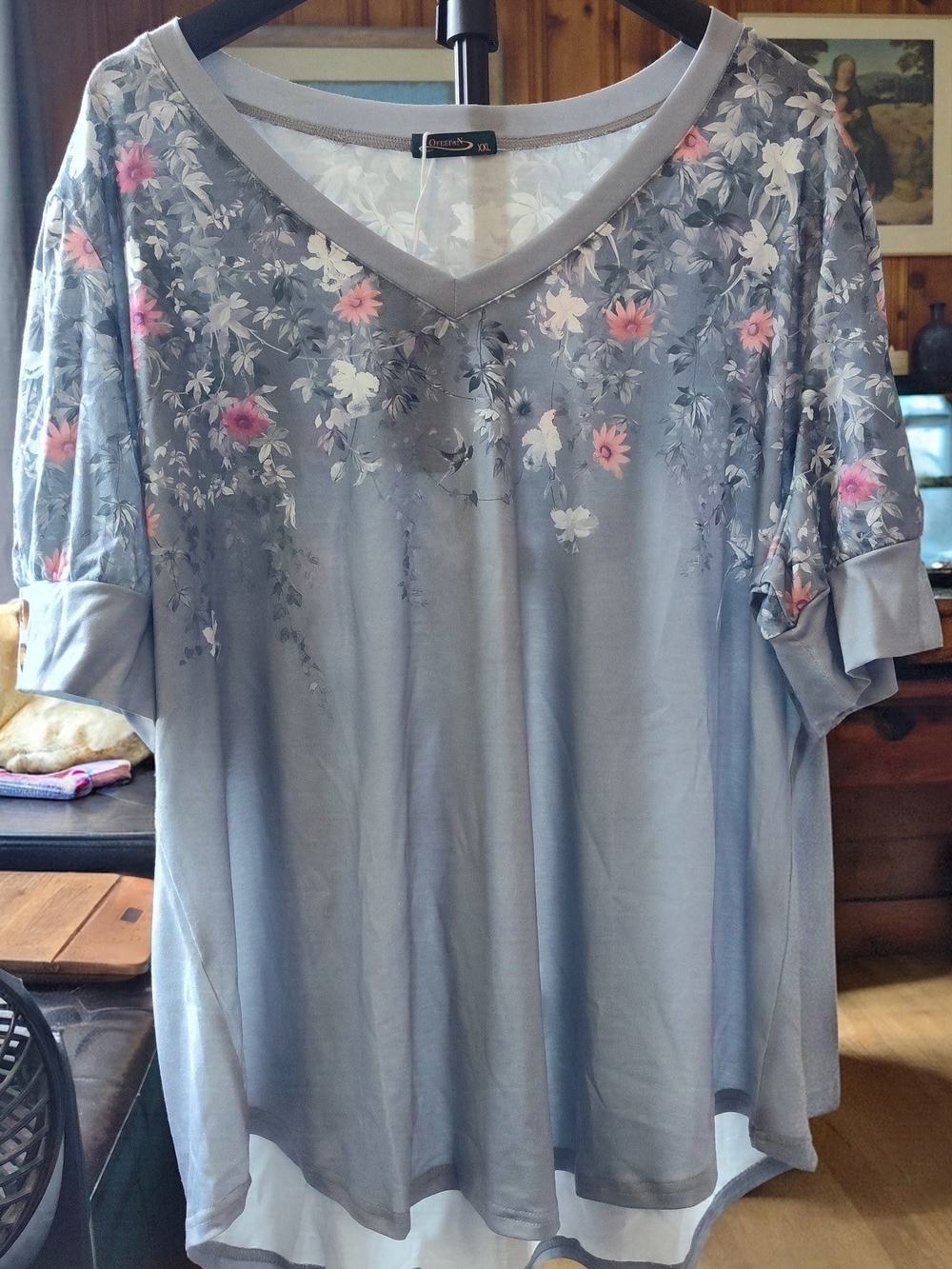 Women's V-Neck Floral Short Sleeve Tee in Light Blue with Pink Accents